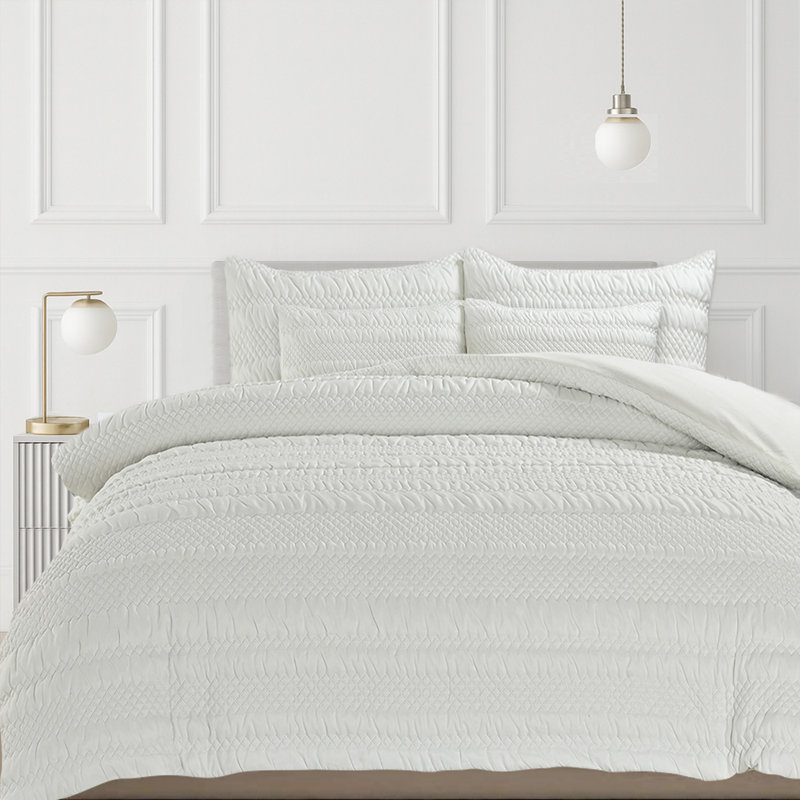 3D Embossed Geometric Pattern Saville Duvet Set, Single Duvet Cover Set, White, 2