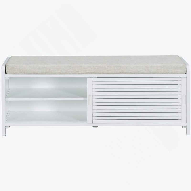 Distressed Shutter Storage Bench With Acacia Veneer For Retro Charm For Living Room, Entryway (White), White