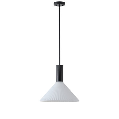 Luminaire suspendu 1 lumière noir mat avec abat-jour conique en verre côtelé blanc, tringle réglable, homologué ETL