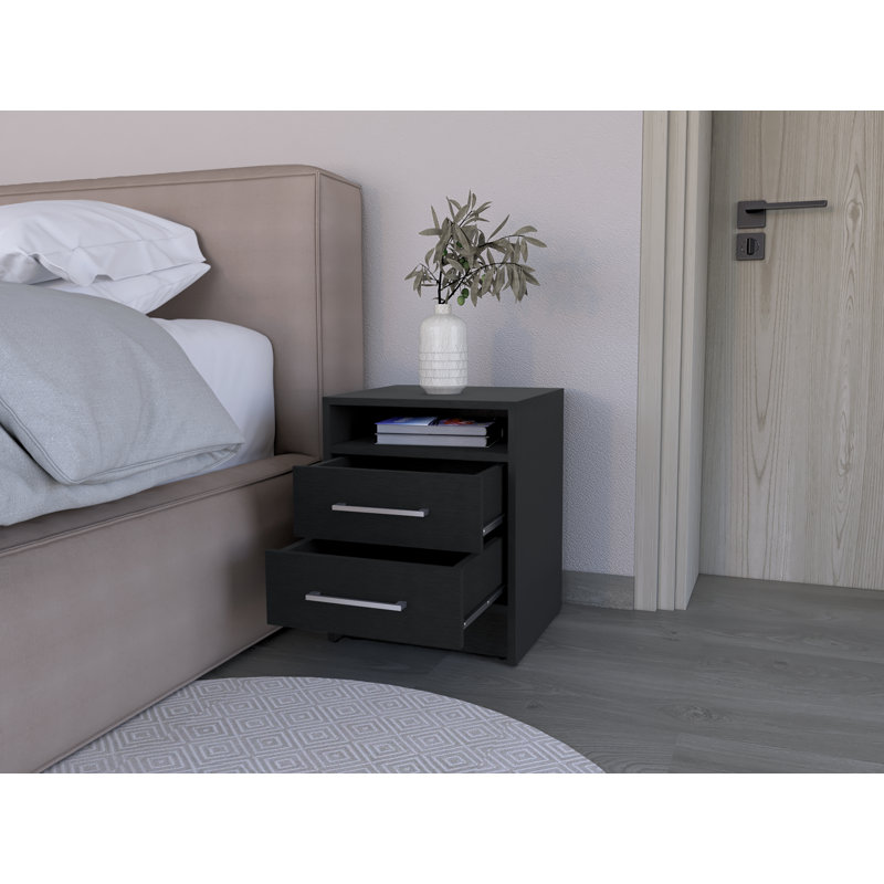 Greter 24"  Two-Drawer Night Stand  With Open Shelf, Black
