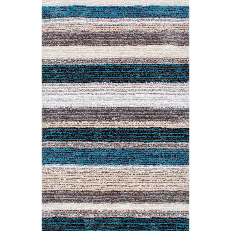 City Striped Shag Tufted Performance Brown/Teal/Blue Rug, Rectangle 12' x 15'