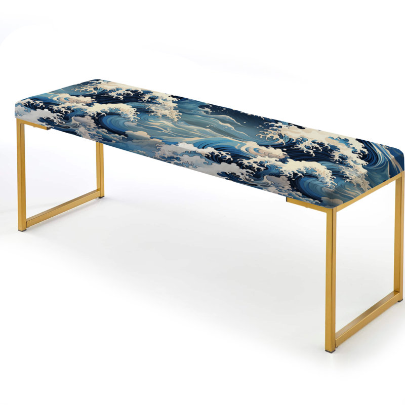 Bleu et blanc Vintage Storm Waves - Banc rembourré doré Coastal, Motif japonais de vagues Hokusai