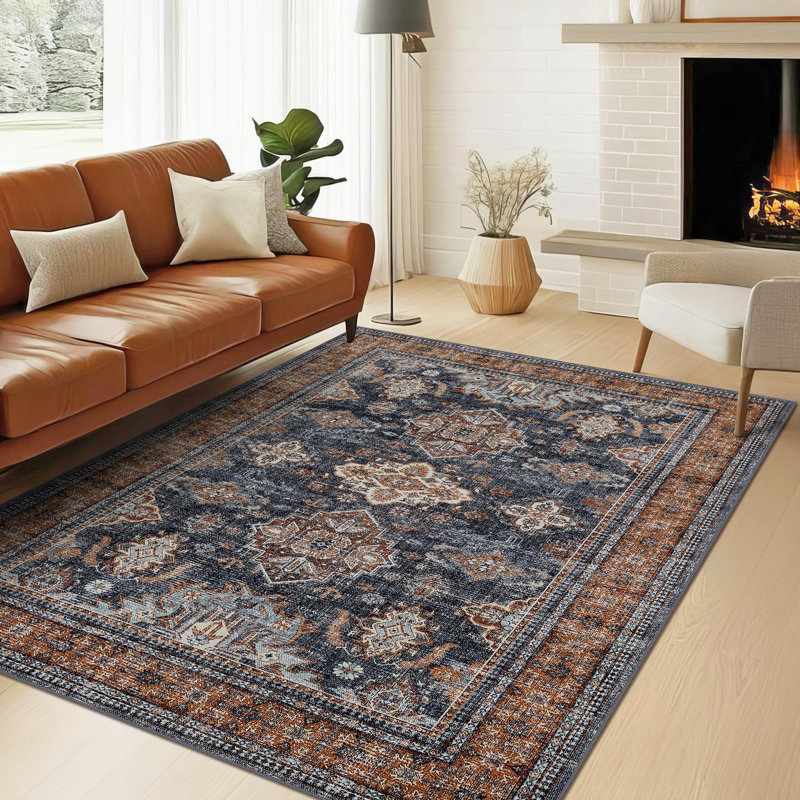 Tapis lavable et antirouille pour tapis de salle à manger, Bleu-Orange, 9 pi x 12 pi