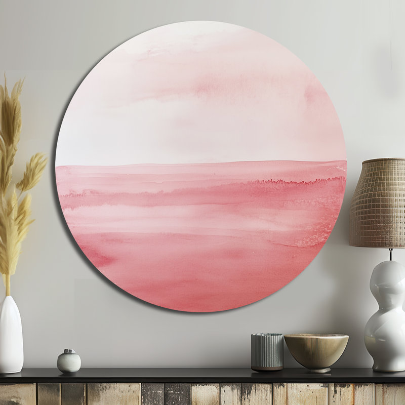 «Still Pink Horizon», art mural rond minimaliste en métal abstrait, L 29 po x H 29 po