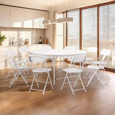 60" Plastic Bi-Fold Round Dining Table with 10 Foldable Chairs Set for Event Indoor and Outdoor Use
