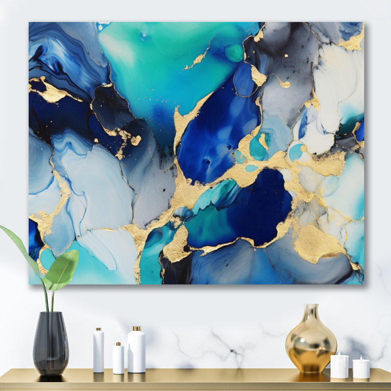 «Blue and Gold Luxury Abstract Fluid Art X - Fractals», reproduction sur toile, Toile tendue, H 16 po x l 32 po x P 1 po