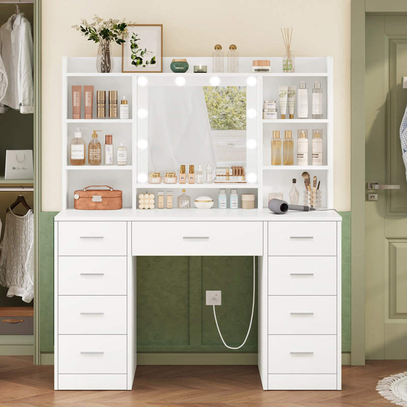 Makeup Vanity Table With 3-color Led Lights Mirror, Vanity Table With 9 Drawers And 7 Storage Shelves, Vanity Desk For Bedroom Dressing Room, White