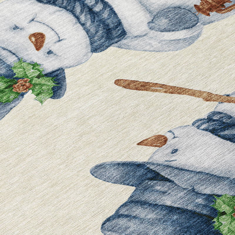 Machine Washable Indoor/Outdoor Christmas Snowman Xhevrie Ivory Rug, Rectangle 3' x 5'