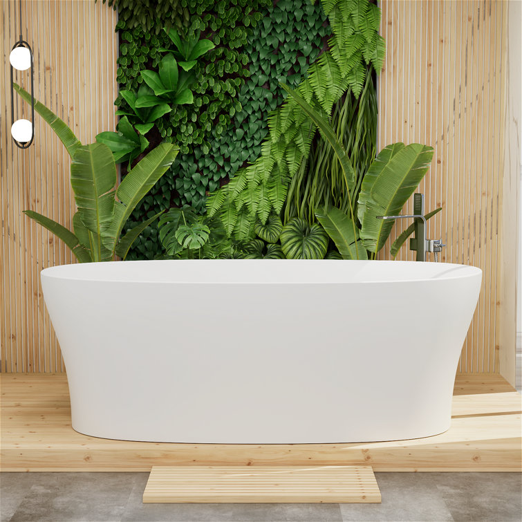 63" Solid Surface Stone Resin Oval-shaped Freestanding Soaking Bathtub With Overflow