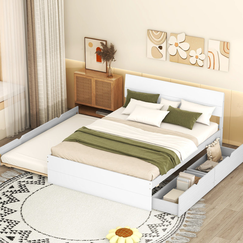 Luxueux cadre de lit double avec lit gigogne simple et 2 tiroirs fonctionnels en blanc brillant, Blanc