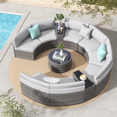 11 Piece 8 Person Outdoor Wicker Conversation Set With Cushions & Toss Pillow