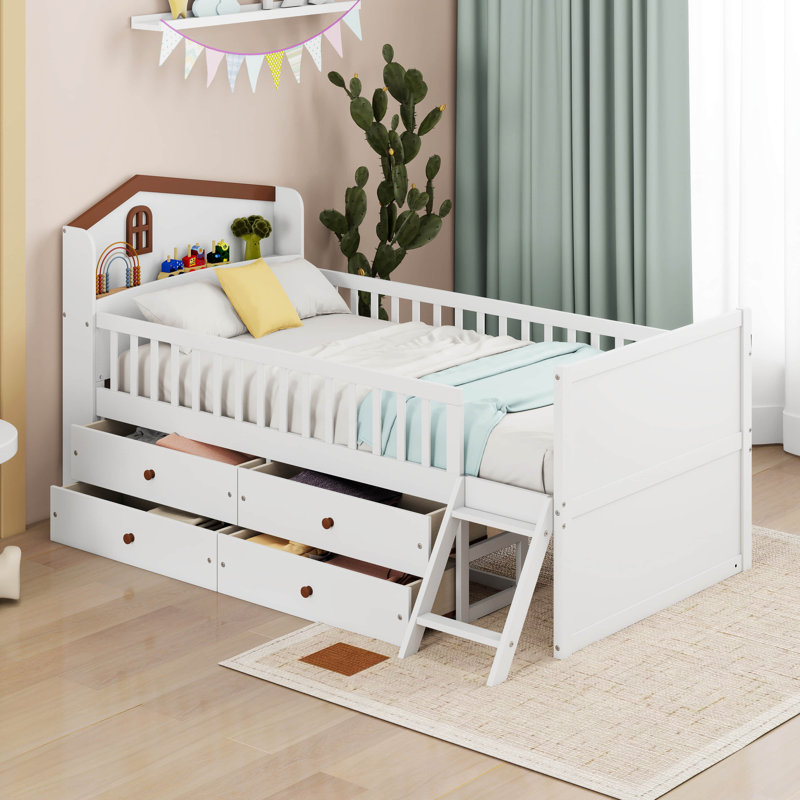 Lit plateforme simple pour enfant avec tête de lit et échelle garde-corps, lit Montessori, base de lit en bois avec 4 tiroirs