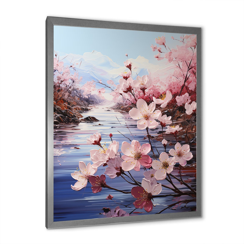 Cherry Blossom Flower Meadow sur toile, Cadre simple argenté, H 32 po x l 16 po x P 1 po