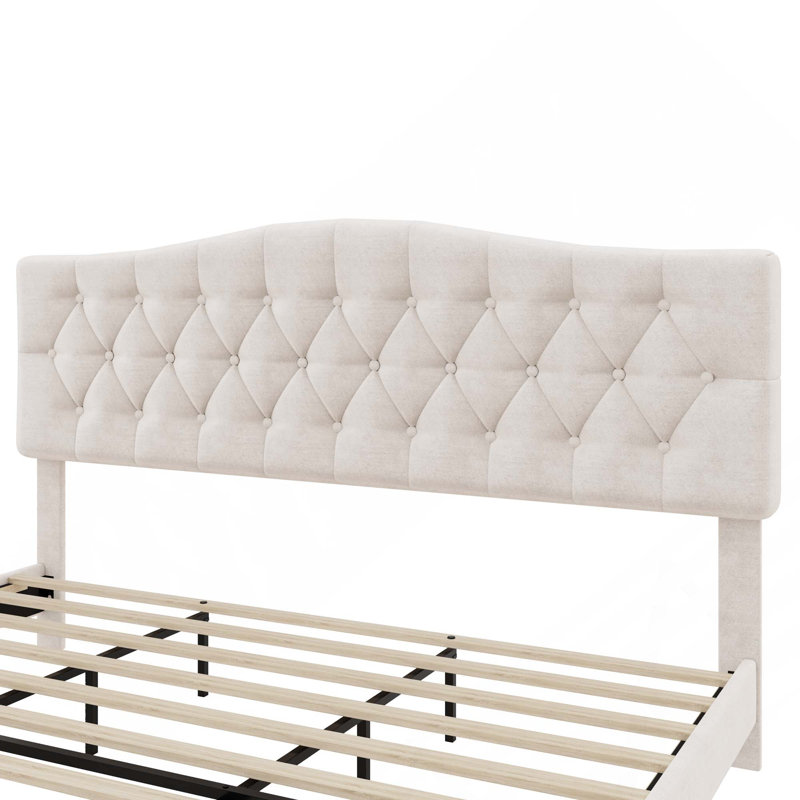Lit plateforme tapissier avec tête de lit courbée réglable et détails capitonnés, aucun sommier nécessaire, King
