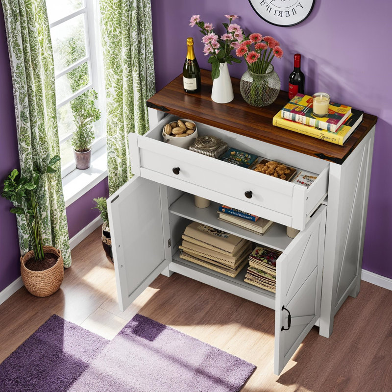 Buffet avec portes de grange et tablettes réglables, Blanc