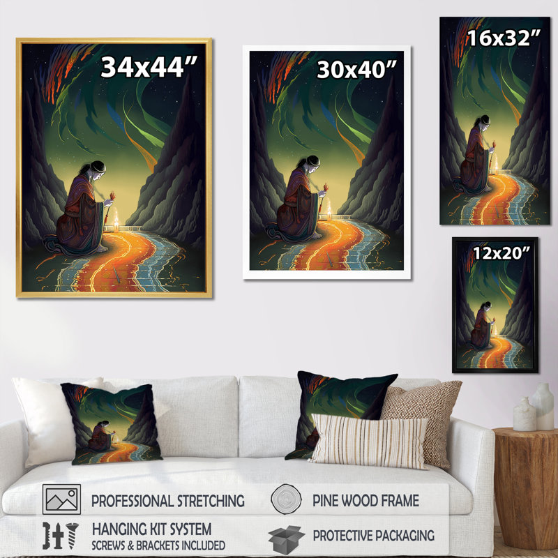 "Native Elder Meditation", reproduction sur toile, H 32 po x l 24 po x P 1 po, Cadre naturel flottant