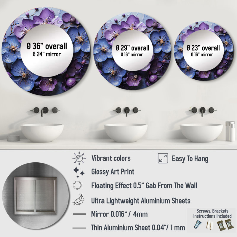 Saranda Royal Elegance - miroir unique Violets, grand miroir mural rond traditionnel, impression d'art en métal