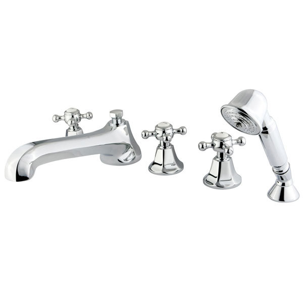 Metropolitan Triple Handle Deck Mounted Roman Tub Faucet Trim with Handshower, Polished Chrome