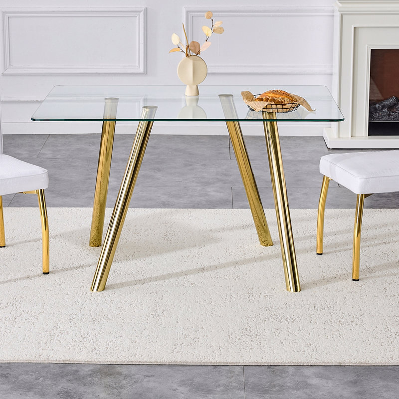 Table de salle à manger 51 pouces avec plateau en verre trempé et pieds robustes en métal, Argent argent