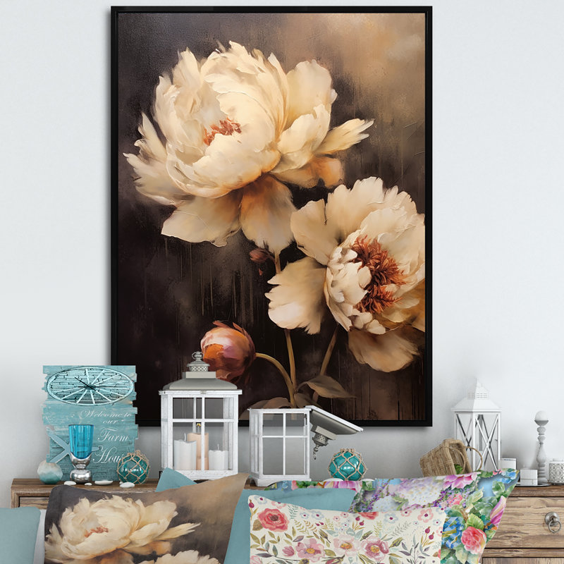 Pivoines botaniques rétro dévoilées III, H 32 po x l 24 po x P 1 po, Cadre flottant noir