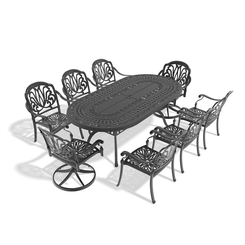 Ensemble de salle à manger 9 pièces en fonte d'aluminium toutes saisons comprenant 2 chaises pivotantes, 6 chaises de salle à manger et une table ovale avec structure noire (même numéro de pièce: W1710S00379)