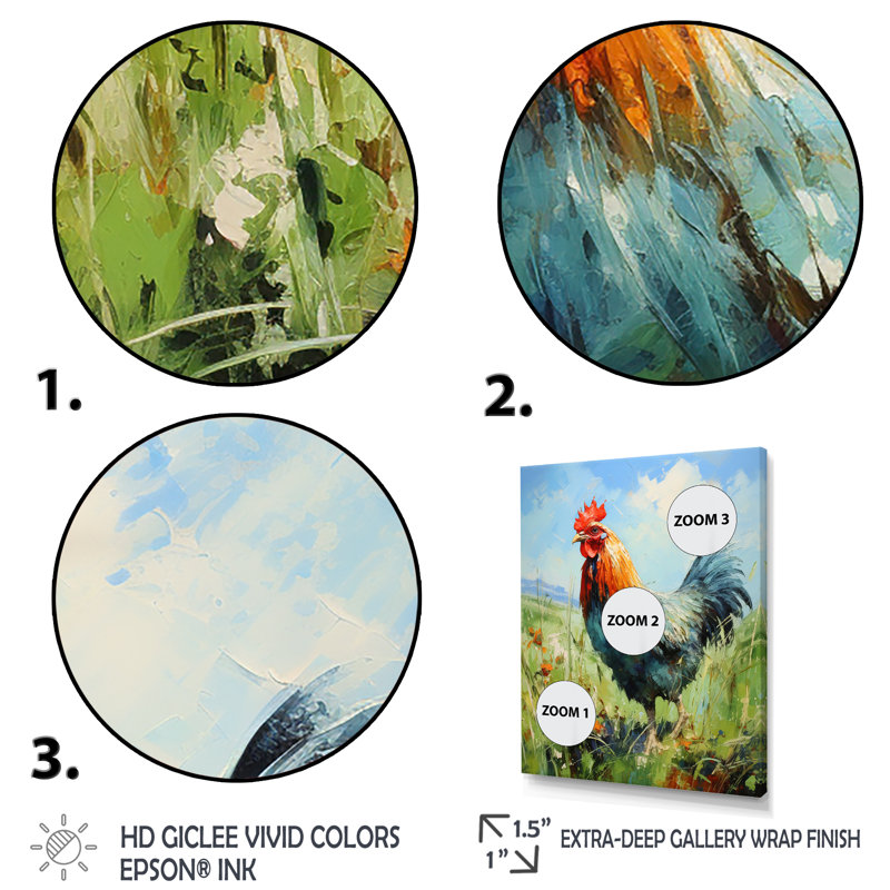 Ferme, coq, campagne, prairie I - coq, art mural, Toile tendue, H 32 po x l 16 po x P 1 po