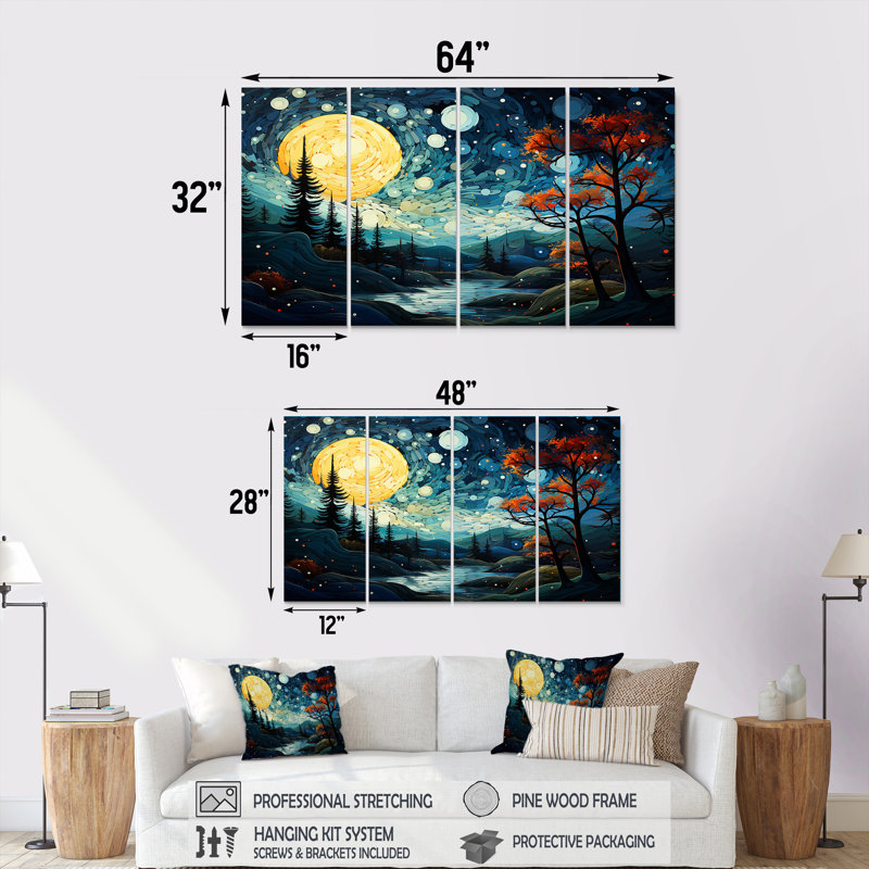 «Dreamy Mountain Scenery At Night III - Winter Landscape», art mural 4 pièces, H 28 po x l 48 po
