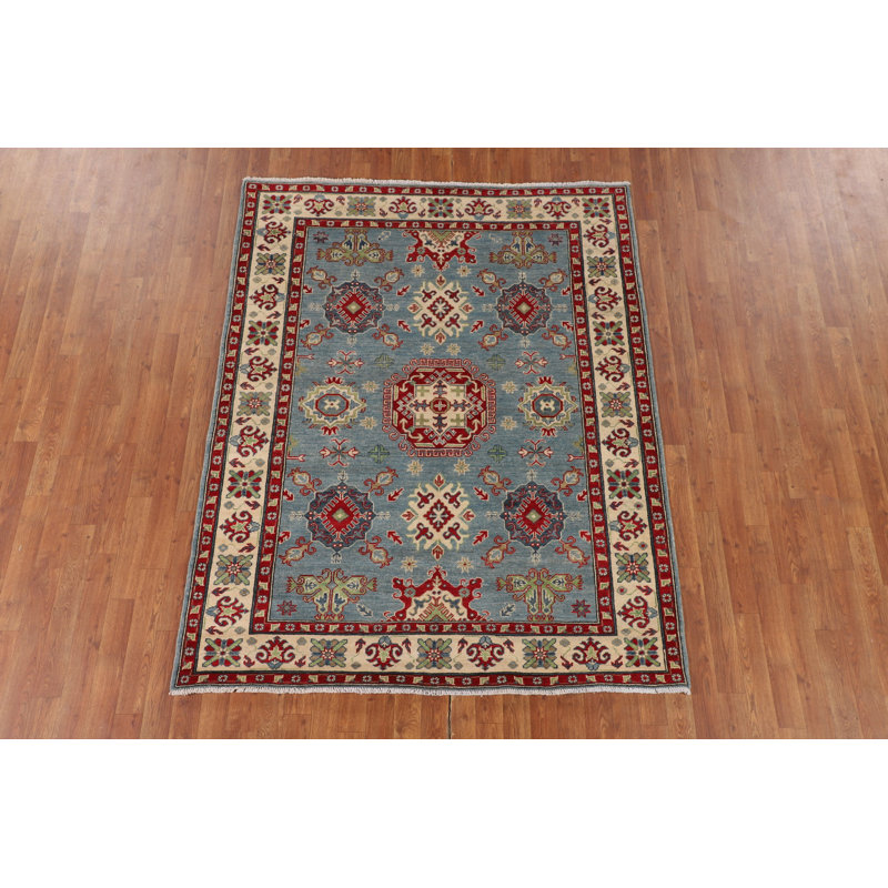 Tapis oriental Kazak à motif géométrique bleu clair 5 x 7