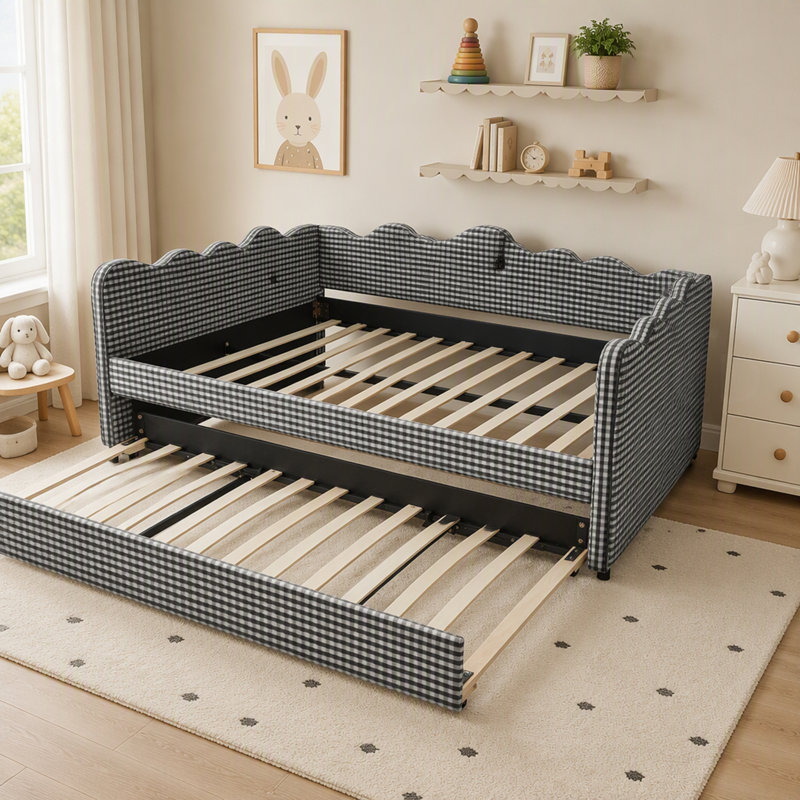 Lit de jour confortable à carreaux vichy, format double, avec lit gigogne simple, tissu en lin, adorable motif ondulé, port USB et sans sommier requis.
