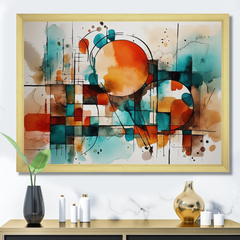 Orange orange géométrique - art mural abstrait géométrique, Cadre doré simple, H 30 po x l 40 po x P 1,5 po
