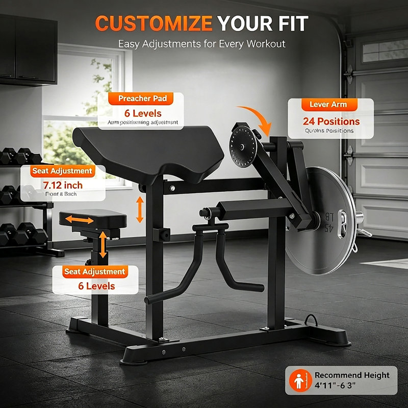 Banc de musculation pour biceps et biceps, appareil 2 en 1 réglable avec charge guidée, pour l'entraînement des bras à domicile, noir