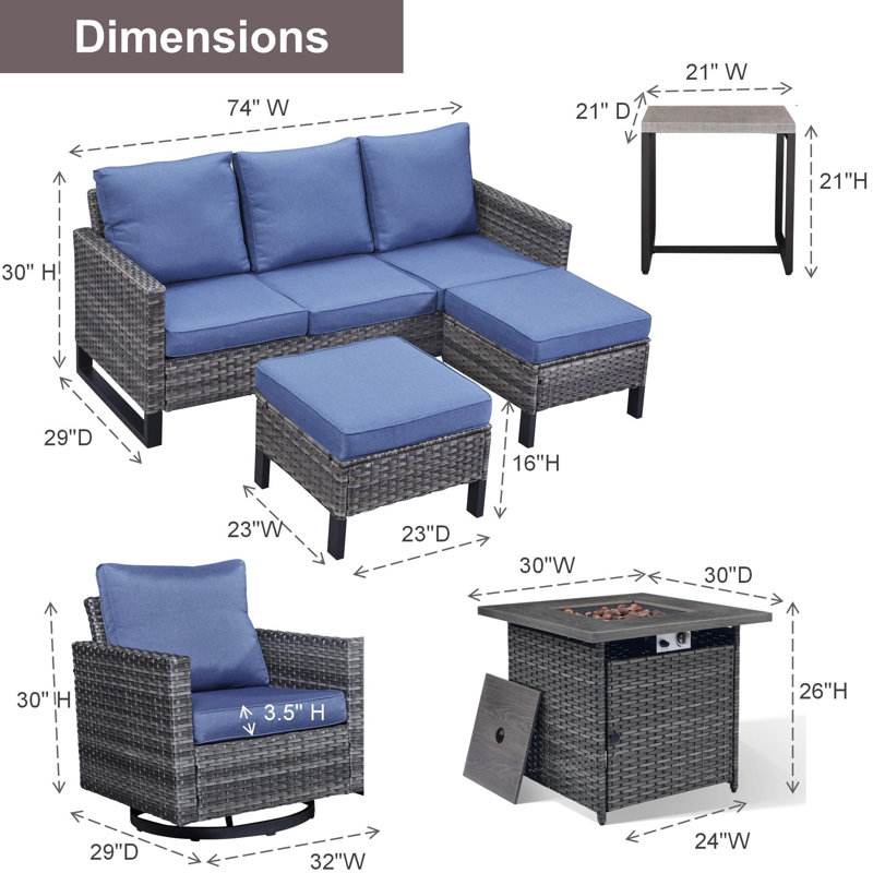 Ensemble de conversation d'extérieur pour 5 personnes avec foyer avec coussins, Bleu