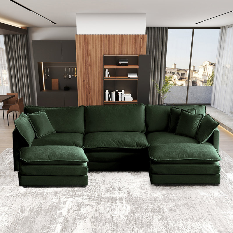 111.5" U-Shaped Modular Sectional Sofa With Movable Ottomans, Green Chenille