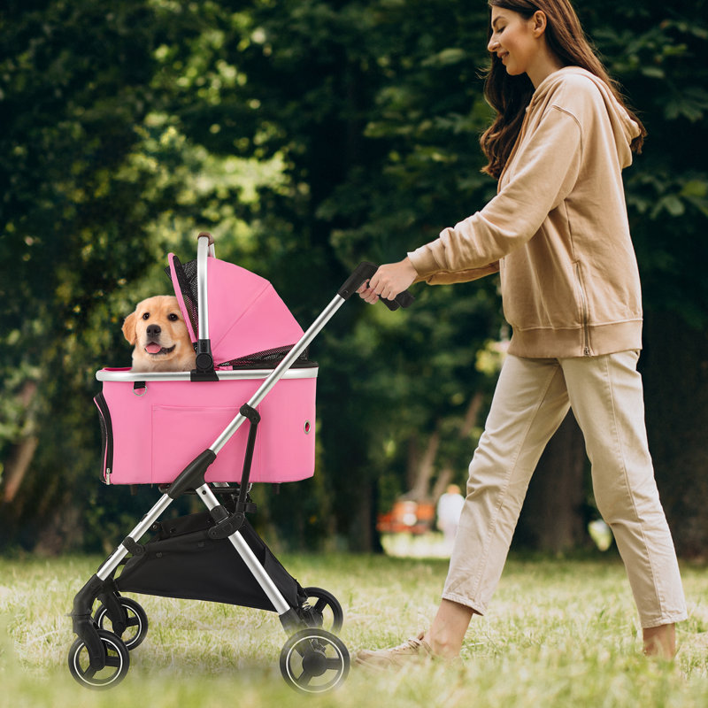 Pink Aluminum 3-in-1 Pet Stroller with Detachable Carrier