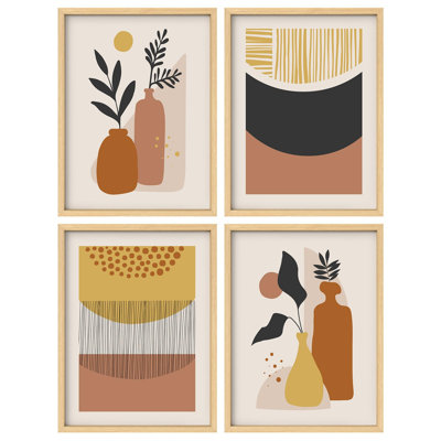 " Mid-Century Tropical Plant Semi Circle Abstract Shapes Illustrations Relax " 4 - Pieces