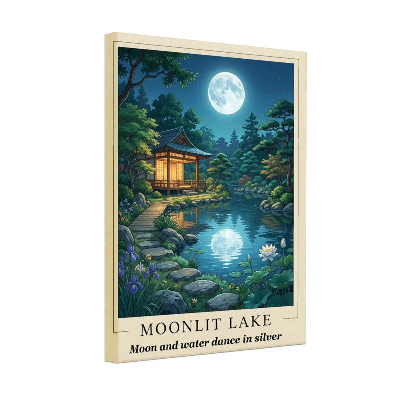 Paysage et nature au clair de lune, lac, sérénité, nuit, jardin, reflets, harmonie, scène paisible, H 18 po x l 12 po