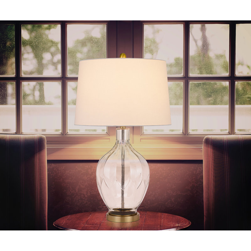 Lampe de table Bancroft en verre de 75 cm de hauteur, avec abat-jour conique rigide en tissu, base en laiton antique, fini transparent, 3 intensités, E26, 150 W