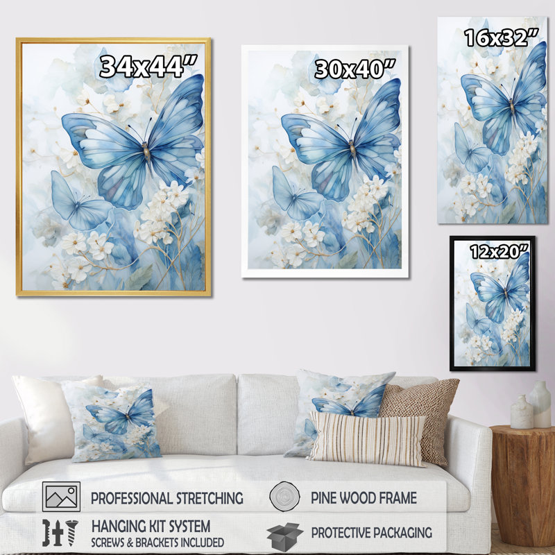 «Treshia Blue Butterfly Whispering Wings II», art mural papillon pour le salon, H 20 po x l 12 po x P 1 po, Toile tendue