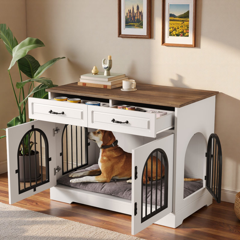 Meuble pour chien avec 2 tiroirs de rangement, portes latérales et verrous de sécurité robustes