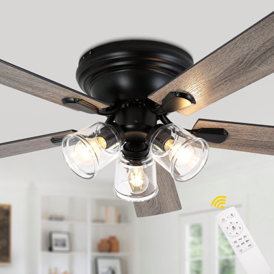 52" Flush Mount Reversible Ceiling Fan with 3 Lights and Remote, DC Motor 6 Speeds Ceiling Fan for Low Profile