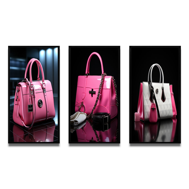 «Fashion Pink Bag Glamour II», 3 pièces sur toile, Cadre noir, H 28 po x l 36 po