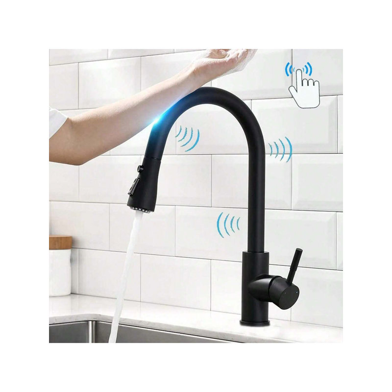 Robinet d'évier de cuisine tactile, robinet de pulvérisation rétractable à arche haute noir mat, robinet rotatif à 360 degrés à poignée simple pour évier de cuisine