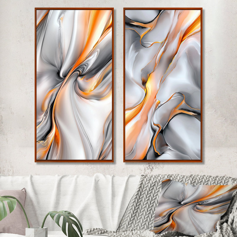 Décoration murale 2 pièces Ascendant marbre orange clair et gris I - Abstrait moderne, H 32 po x l 32 po, Cadre flottant brun