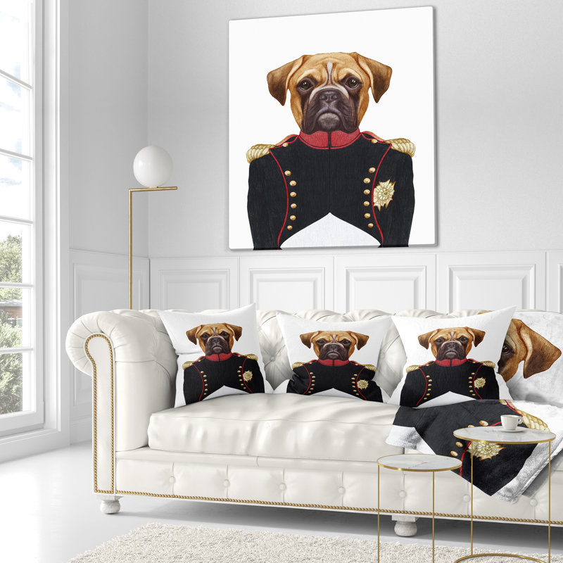 Boxer en uniforme militaire - coussin imprimé animal, 16 po x 1 po, Coussin décoratif