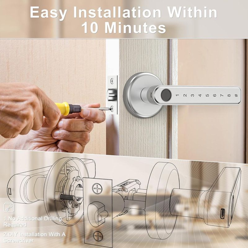 Silver Modern Fingerprint Keypad Door Lock with Handle