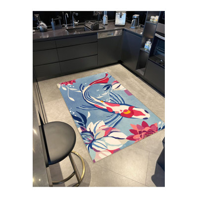 Machine Washable Floral and Koi Fish Patterned Blue and Red Modern Decorative Area Rug