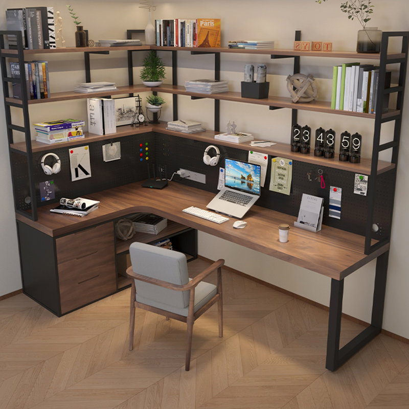 Solid Wood L-Shaped Desk Integrated with Bookcase and Bookshelf, 82.68" H x 94.49" W x 39.37" D
