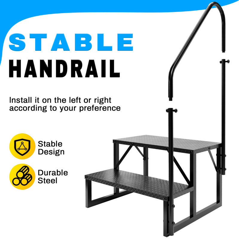 RV Steps with Handrail, 2 Steps Ladder Hot Tub Steps with Handrail, Portable Mobile Home Stairs Outdoor RV Stairs for 5th Wheel RVs