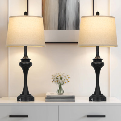 Modern 30'' Black Table Lamp Set with USB & Type-C Ports, Oatmeal Linen Shade