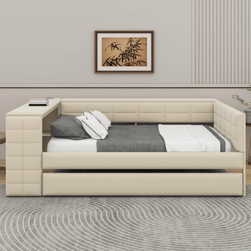 Lit plateforme tapissier pleine grandeur avec tablettes, bureau, station de charge et lit gigogne, Beige